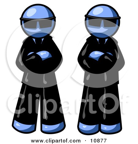 Two Blue Men Standing With Their Arms Crossed, Wearing Sunglasses and Black Suits Clipart Illustration by Leo Blanchette
