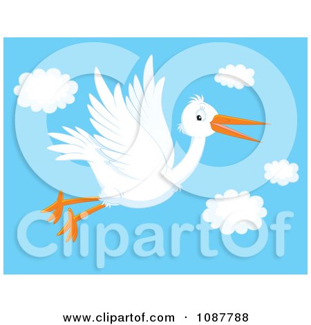 Clipart Happy White Stork In Flight In A Sky - Royalty Free Vector Illustration by Alex Bannykh