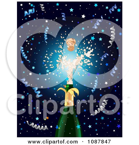 Clipart Cork Shooting Out Of A Champagne Bottle At New Years With Confetti On Blue - Royalty Free Vector Illustration by Pushkin