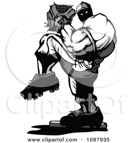Clipart Muscular Grayscale Baseball Player Pitching A Ball - Royalty Free Vector Illustration by Chromaco