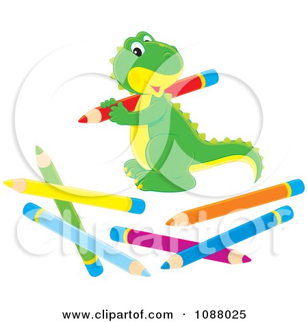 Clipart Cute Dinosaur With Colored Pencils - Royalty Free Vector Illustration by Alex Bannykh