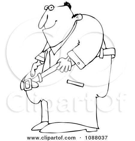 Clipart Outlined Man Smiling And Holding Out His Fat Pants - Royalty Free Vector Illustration by djart