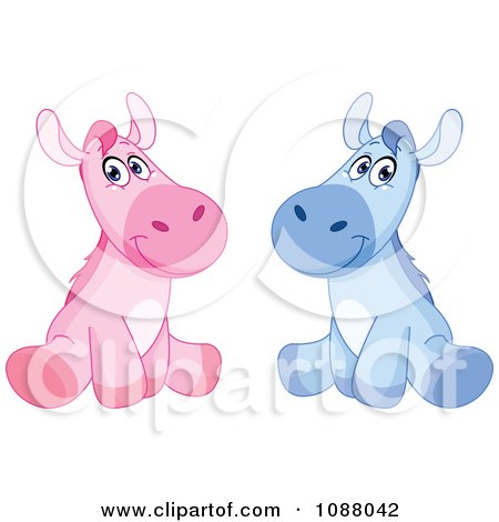 Clipart Cute Sitting Blue And Pink Boy And Girl Horses - Royalty Free Vector Illustration by yayayoyo