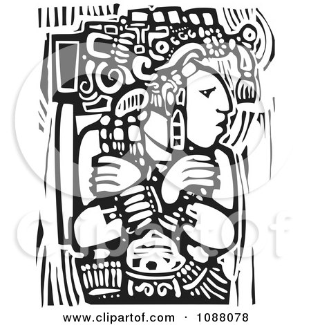 Clipart Mayan Warrior King With Arms Crossed Black And White Woodcut - Royalty Free Vector Illustration by xunantunich