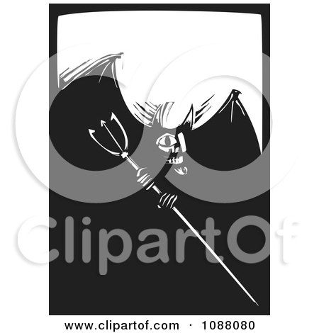Clipart Woodcut Devil With A Pitchfork Black And White - Royalty Free Vector Illustration by xunantunich