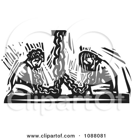Clipart Chained Slaves Black And White Woodcut - Royalty Free Vector Illustration by xunantunich
