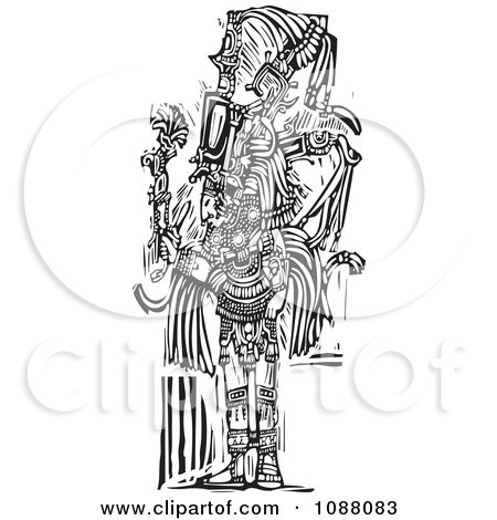 Clipart Mayan King Standing Black And White Woodcut - Royalty Free Vector Illustration by xunantunich
