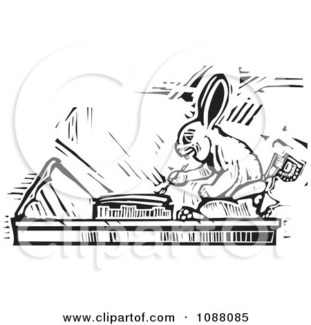 Clipart Rabbit Scribe Black And White Woodcut - Royalty Free Vector Illustration by xunantunich