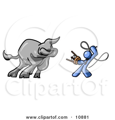 Blue Man Holding a Stool and Whip While Taming a Bull, Bull Market Clipart Illustration by Leo Blanchette
