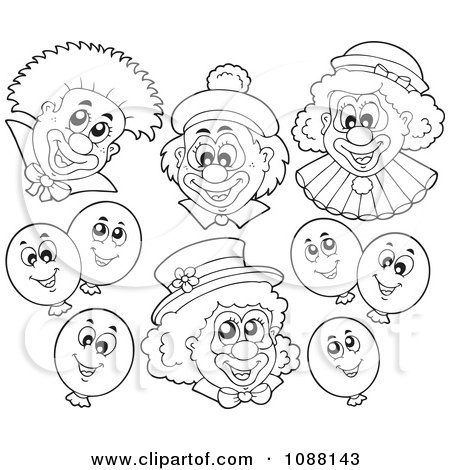 Clipart Outlined Circus Clowns And Balloons - Royalty Free Vector Illustration by visekart