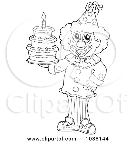 Clipart Outlined Circus Clown Holding A Birthday Cake - Royalty Free Vector Illustration by visekart
