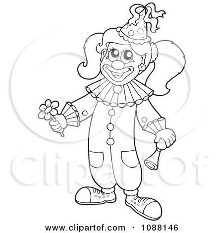 Clipart Outlined Circus Girl Holding A Flower And Horn - Royalty Free Vector Illustration by visekart