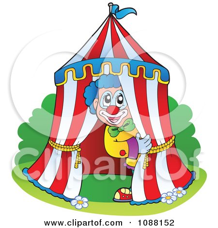 Clipart Circus Clown Peeking Out Of A Big Top Tent - Royalty Free Vector Illustration by visekart