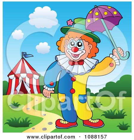Clipart Outlined Circus Clown Holding An Umbrella - Royalty Free Vector Illustration by visekart