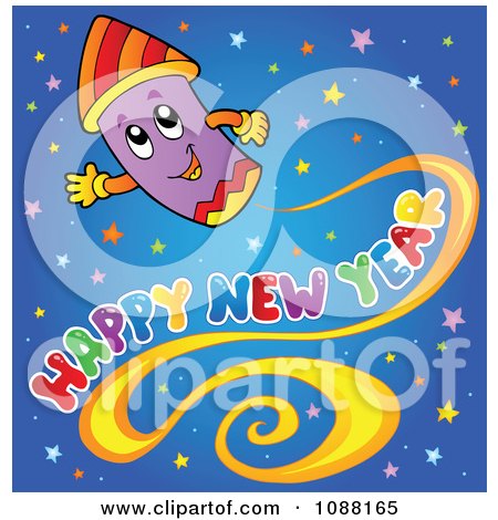 Clipart Firework And Happy New Year Greeting Over Stars - Royalty Free Vector Illustration by visekart