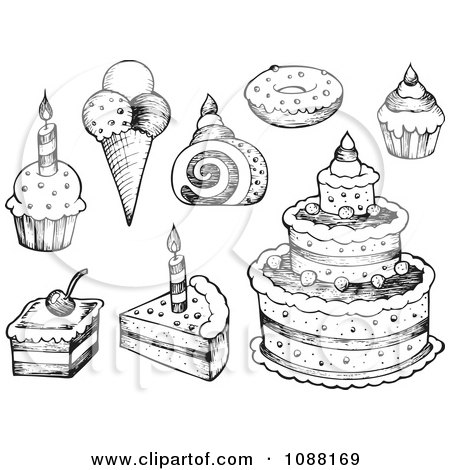 Clipart Black And White Sketched Birthday Cakes Ice Cream And Cupcakes - Royalty Free Vector Illustration by visekart