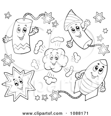 Clipart Outlined Happy Holiday Fireworks 1 - Royalty Free Vector Illustration by visekart