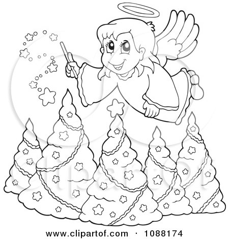 Clipart Outlined Christmas Angel Girl With A Wand Over Trees - Royalty Free Vector Illustration by visekart