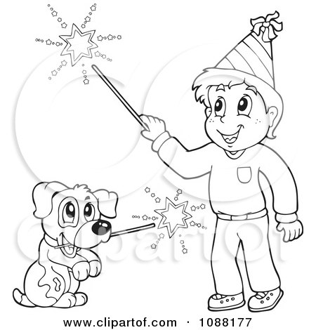Clipart  Outlined Boy And Dog With Fourt Of July Sparklers - Royalty Free Vector Illustration by visekart