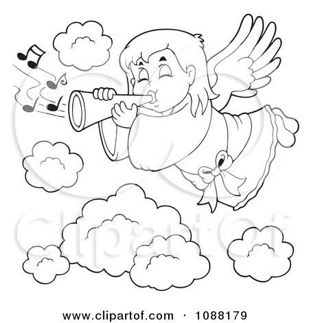 Clipart Outlined Angel Girl Playing A Trumpet In Heaven - Royalty Free Vector Illustration by visekart