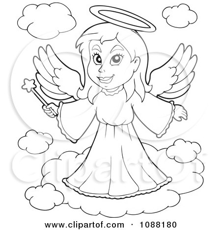 Clipart Outlined Angel Girl With A Wand - Royalty Free Vector Illustration by visekart