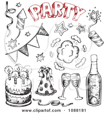 Clipart Black And White And Red Sketched Birthday Cakes And New Year Party Items - Royalty Free Vector Illustration by visekart