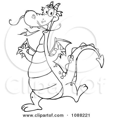 Clipart Outlined Happy Dragon Dancing - Royalty Free Vector Illustration by Hit Toon