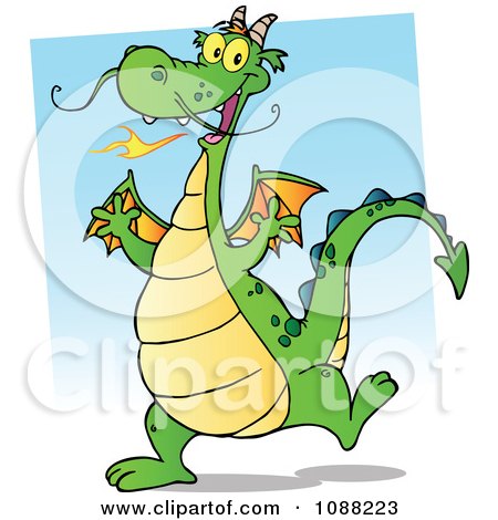 Clipart Happy Green Fire Breathing Dragon Dancing - Royalty Free Vector Illustration by Hit Toon