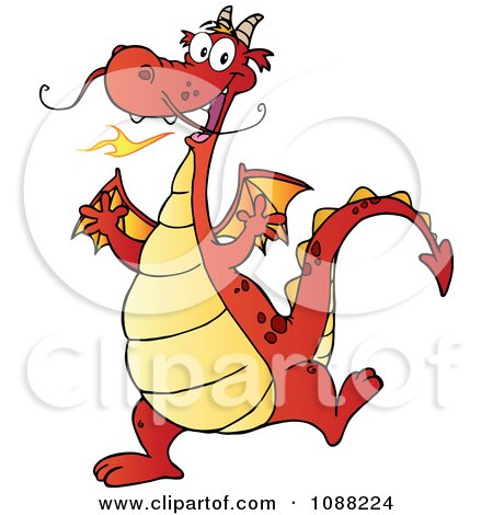 Clipart Happy Red Dragon Dancing - Royalty Free Vector Illustration by Hit Toon