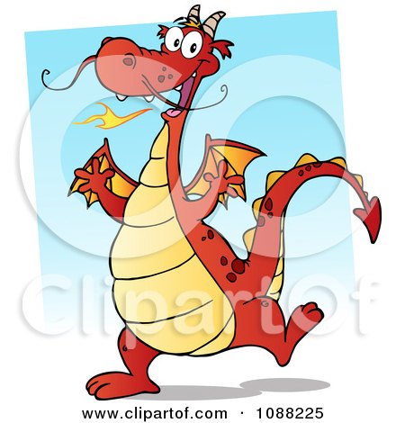 Clipart Happy Red Fire Breathing Dragon Dancing - Royalty Free Vector Illustration by Hit Toon