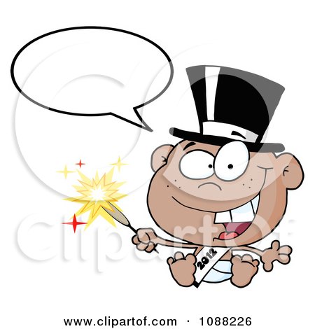 Clipart Talking Black New Year 2012 Baby Wearing A Top Hat And Holding A Sparkler - Royalty Free Vector Illustration by Hit Toon
