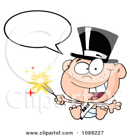 Clipart Talking White New Year 2012 Baby Wearing A Top Hat And Holding A Sparkler - Royalty Free Vector Illustration by Hit Toon
