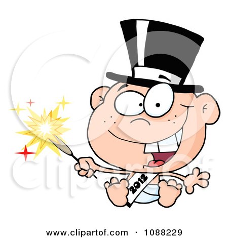 Clipart White New Year 2012 Baby Wearing A Top Hat And Holding A Sparkler - Royalty Free Vector Illustration by Hit Toon