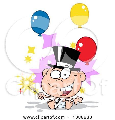 Clipart White New Year 2012 Baby With A Top Hat Sparkler And Party Balloons - Royalty Free Vector Illustration by Hit Toon