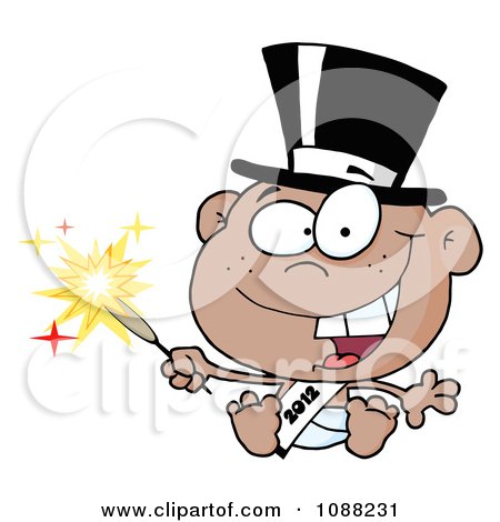 Clipart Black New Year 2012 Baby Wearing A Top Hat And Holding A Sparkler - Royalty Free Vector Illustration by Hit Toon
