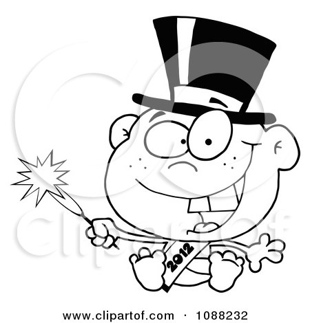 Clipart Black And White New Year 2012 Baby With A Top Hat And Sparkler - Royalty Free Vector Illustration by Hit Toon
