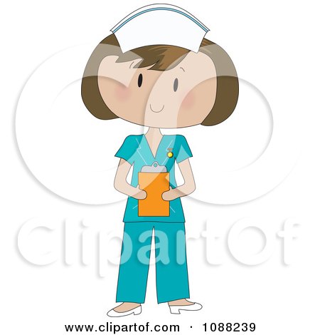 Brunette Nurse In Scrubs Holding A Clipboard Posters, Art Prints