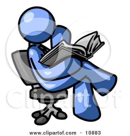 Blue Man Sitting Cross Legged in a Chair and Reading a Book Clipart Illustration by Leo Blanchette