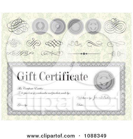 Clipart Gift Certificate On Green Damask With Design Elements - Royalty Free Vector Illustration by BestVector