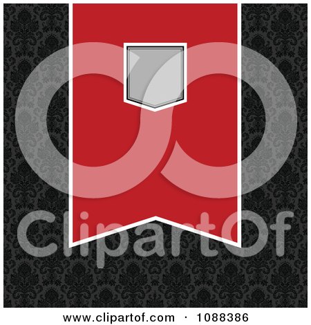 Clipart Red And Gray Pennant Banner Over Black Damask - Royalty Free Vector Illustration by BestVector