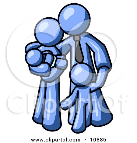 Blue Family Man, a Father, Hugging His Wife and Two Children Clipart Illustration by Leo Blanchette