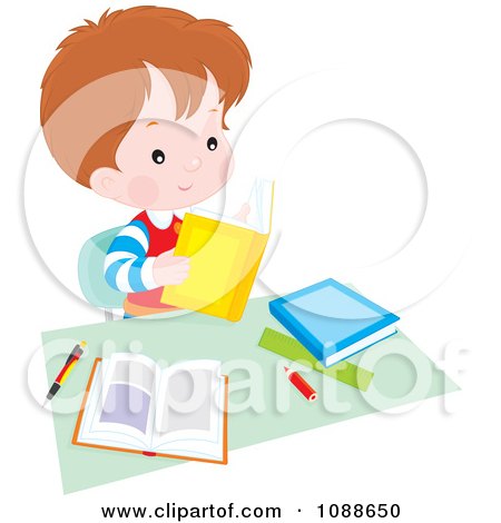 Clipart Studying School Boy With Books At A Desk - Royalty Free Vector Illustration by Alex Bannykh