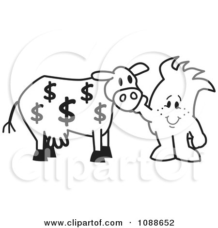 Clipart Squiggle Guy Petting His Cash Cow - Royalty Free Vector Illustration by Mascot Junction