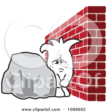 Clipart Squiggle Guy Stuck Between A Rock And A Hard Place - Royalty Free Vector Illustration by Mascot Junction