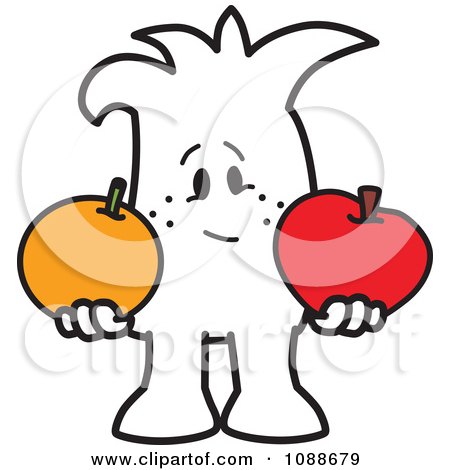 Clipart Squiggle Guy Comparing Apples To Oranges - Royalty Free Vector Illustration by Mascot Junction