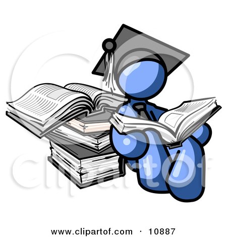 Blue Male Student in a Graduation Cap, Reading a Book and Leaning Against a Stack of Books Clipart Illustration by Leo Blanchette