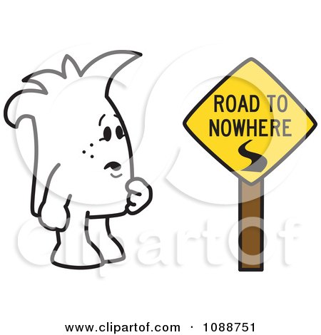 Clipart Squiggle Guy By A Road To Nowhere Sign - Royalty Free Vector Illustration by Mascot Junction