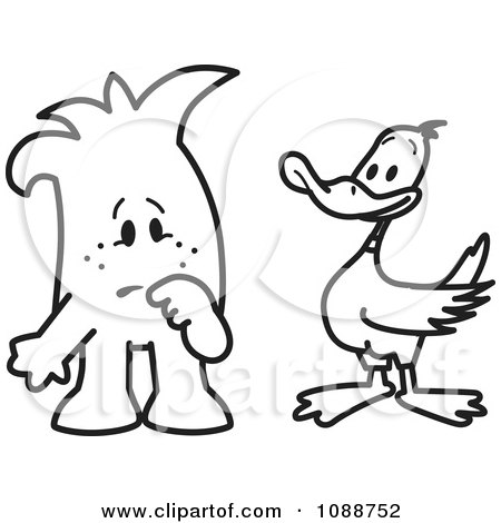 Clipart Squiggle Guy Looking Skeptically At A Duck - Royalty Free Vector Illustration by Mascot Junction