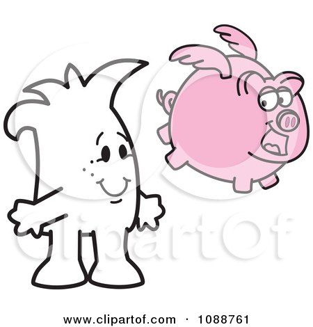Clipart Squiggle Guy Watching A Pig Fly - Royalty Free Vector Illustration by Mascot Junction