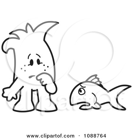 Clipart Squiggle Guy Watching A Fish Out Of Water - Royalty Free Vector Illustration by Mascot Junction